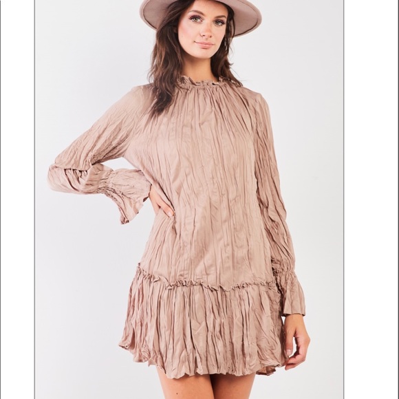 Love Riche Dresses & Skirts - Mocha Wrinkle Pleat Mock Neck Mini Dress